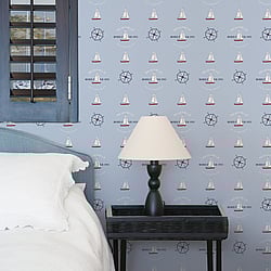 Galerie Wallcoverings Product Code: G23037 - Deauville Wallpaper Collection Galerie Wallcoverings Product Code G23037 - Deauville Wallpaper Collection - Sky Blue Red White Colours - Deauville Boat Motif Design